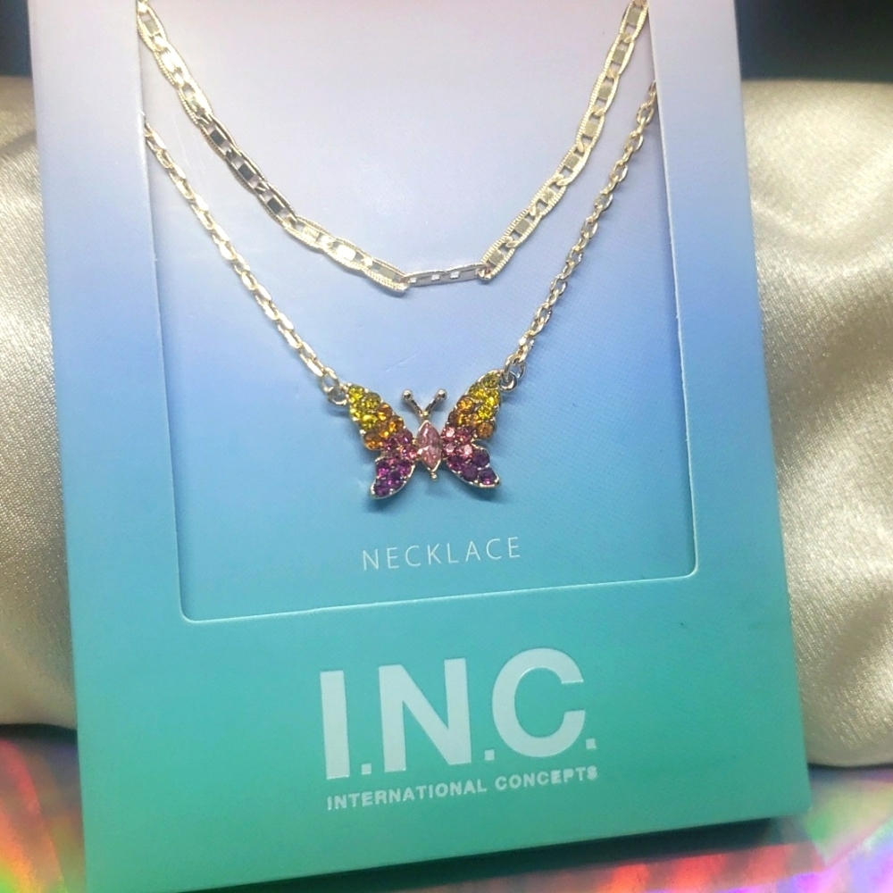 INC Golden Tone Crystal Summer Butterfly Necklace yellow, orange, hot pi…